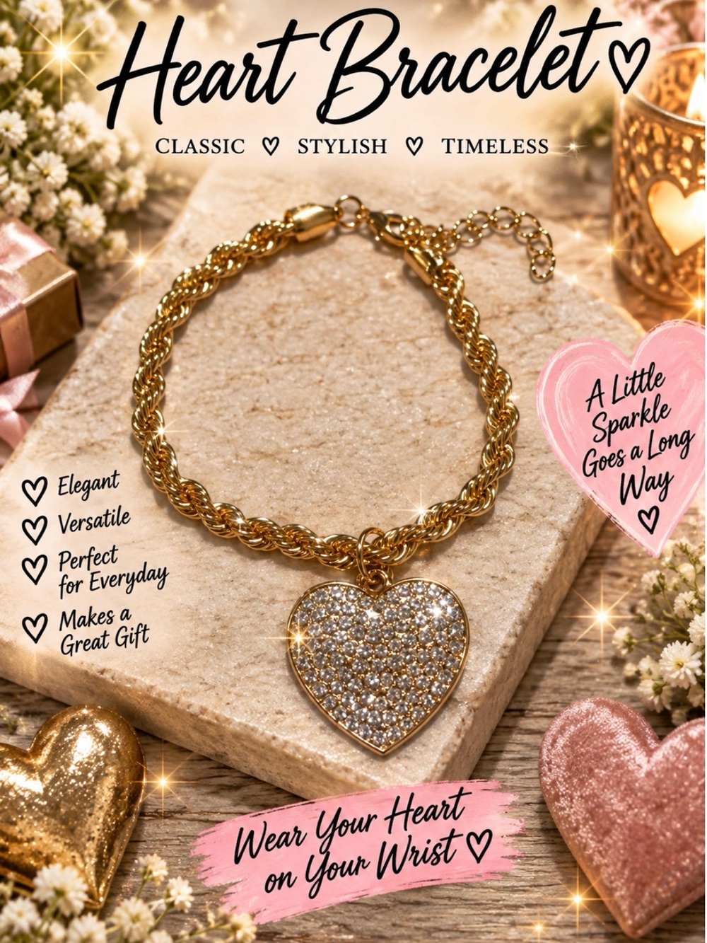 Gold Heart Bracelet with Pave Crystal Charm